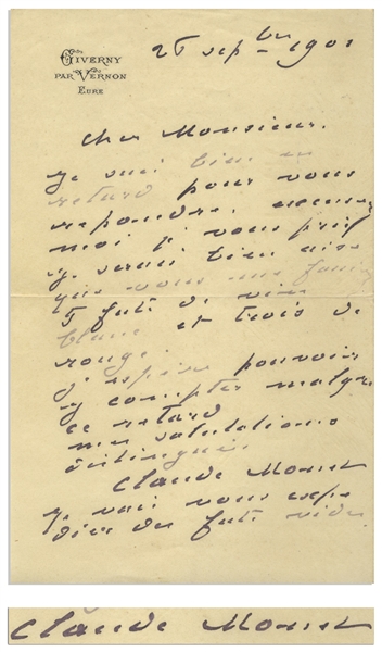 Claude Monet Autograph Letter Signed -- Monet Writes to His Wine Merchant, Ordering Both Red & White Wine